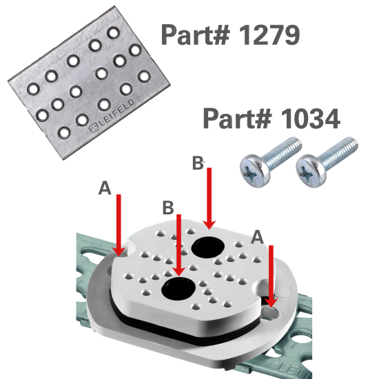 ... Part# 1279 and two M5 x 16mm panhead screws Part# 1034. Secure using either the outside (A) or inside (B) holes.