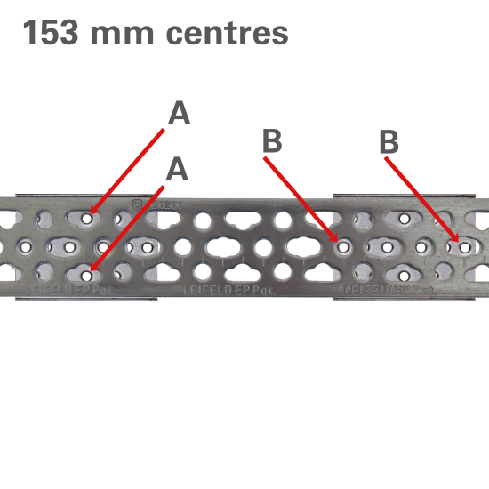 Mounting at 153 mm centres requires one LEIFELD Sound-Shield be secured using the inside holes on the LEIFELD Sound-Shield and the slotted holes (A) on the LEIFELD Strap. The other LEIFELD Sound-Shield is secured using the outside holes (B) as shown.