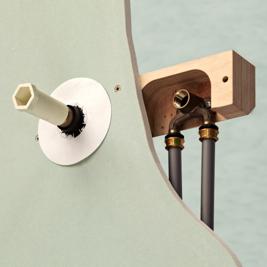 The LEIFELD UniBlock Part# 1273 - Mount double wall-elbows at the standard sanitary centres of: 80 mm, 100 mm, 120 mm, 153 mm and 160 mm.